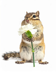 Cute chipmunk holding a carnation on white background
白いカーネーションを持つかわいいシマリス