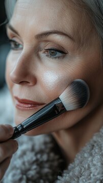 A woman applies makeup with a brush, demonstrating professionalism and skin care, which would be perfect for cosmetics advertising or makeup master classes as a neutral background.