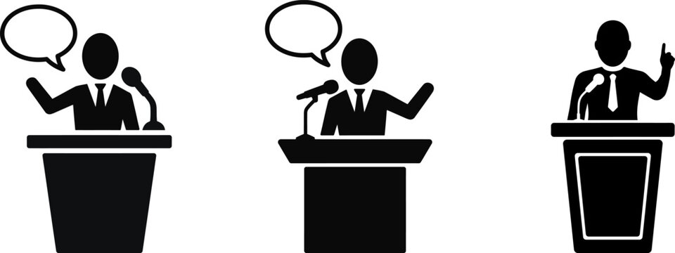 Black silhouette icons of speakers at podiums with microphones and speech bubbles