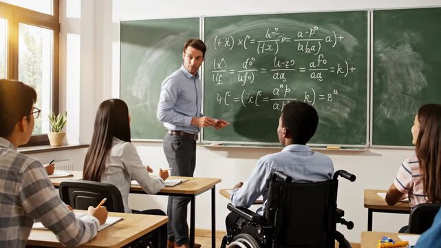 Teacher Explains Math Equations to Students in Classroom Setting.