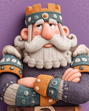 Charming 3D knitted texture character of a grumpy king with white beard.

