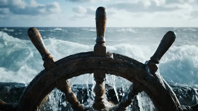 Close-up of a ship's steering wheel with ocean waves and expansive horizon in the distance.