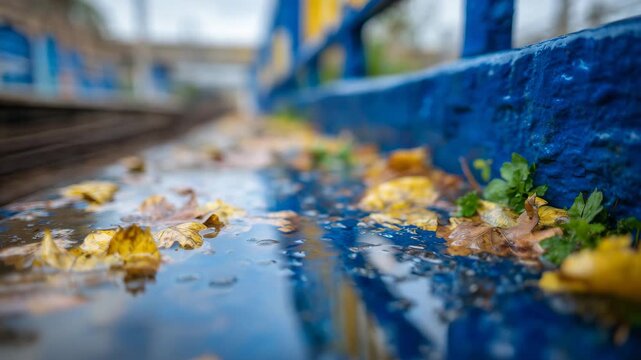 202Macro-style view of rain puddles, blue station railings reflected sharply in water, fallen autumn leaves adding warm contrast, industrial environment blurred in background, calm ra