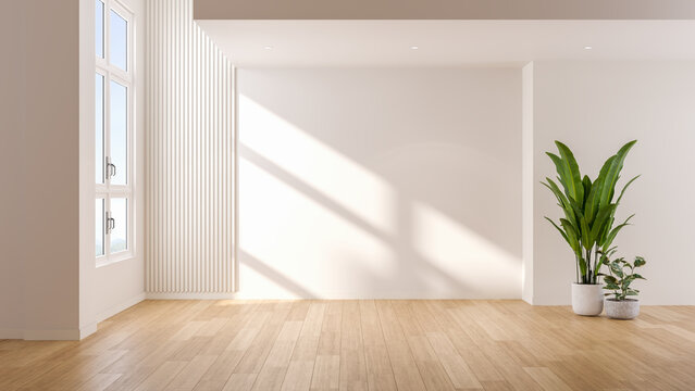 Modern minimal living room featuring wood floor with a large window elegant contemporary white room ,Color of the Year 2026 &ndash; Cloud Dancer ,copy space ,emptry room.3Drender