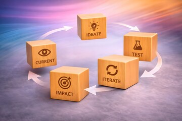 Fototapeta premium Continuous Improvement Cycle: Ideate, Test, Iterate, Impact, Current. Wooden blocks visualize agile development, strategic problem-solving, and iterative business processes.