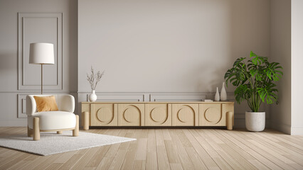 Scandinavian living room interior featuring wooden cabinet, neutral colors, and indoor plants. Modern home design with warm and natural atmosphere.3drender © LEKSTOCK 3D