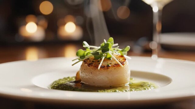 Close-up of a seared scallop topped with microgreens served on green herb sauce in a fine dining setting with warm bokeh background