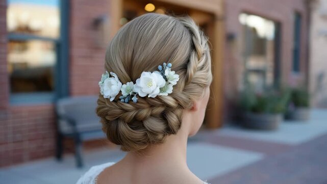 213Elegant updo with braided sections and floral touches, white and pastel flowers woven in, soft curls and textured volume, styled for wedding or formal celebration