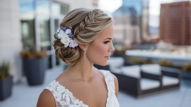 214Elegant updo with braided sections and floral touches, white and pastel flowers woven in, soft curls and textured volume, styled for wedding or formal celebration