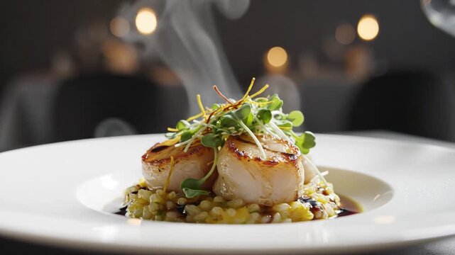 Close-up of steaming seared scallops served on risotto with microgreens and sauce in elegant fine dining setting
