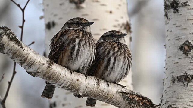 Two Small Birds Perched on a Birch Tree Branch in a Serene Forest Setting.