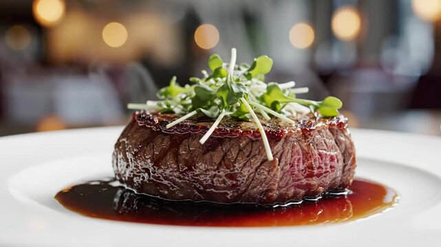 Juicy grilled filet mignon steak topped with fresh microgreens served with rich brown sauce on white plate, gourmet restaurant dish