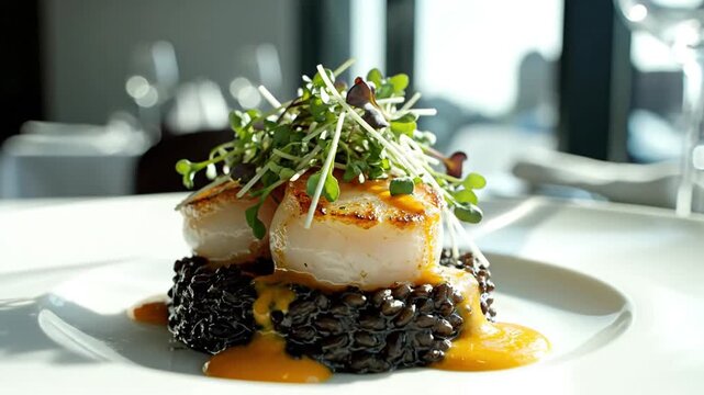 Seared scallops on black rice with creamy orange sauce and microgreens garnish in elegant restaurant setting
