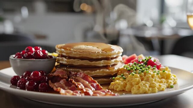 Stack of fluffy pancakes with syrup, crispy bacon, scrambled eggs with chives, and fresh cranberries on a breakfast plate in a cozy diner setting