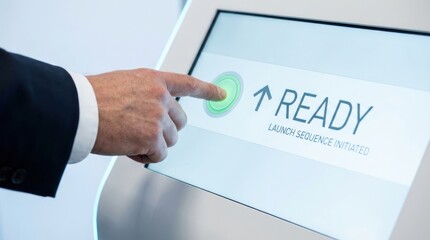 Businessman Finger Touching Green Start Button on Digital Screen Interface Executive Activation and System Launch Concept