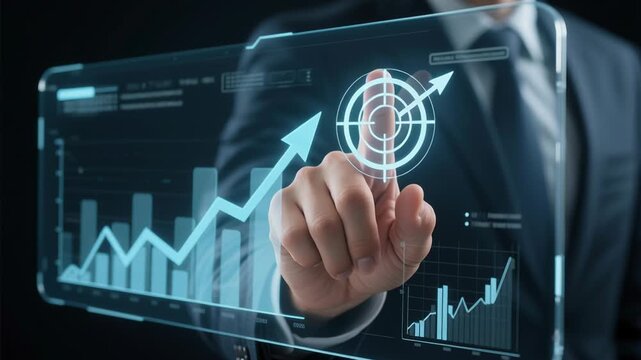 Business improvement strategy change management leadership teamwork learning organizational transformation concept futuristic digital screen hand pointing target for organizational success and growth