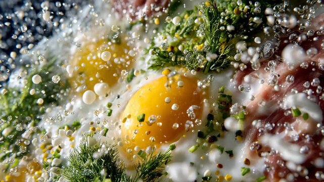 245Cinematic top-down view of ingredients in motion, eggs cracking, milk and meat arranged dynamically on white surface, droplets and splashes creating an artistic and modern food com