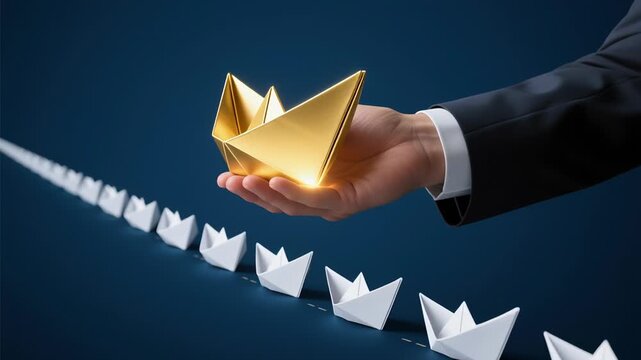 Leadership strategy change management teamwork business improvement learning organizational transformation concept golden paper boat leading white boats hand driving continuous business improvement