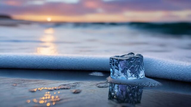 249Close-up of a solitary ice cube resting on wet sand, golden and pink sunset colors reflected on its glossy surface, gentle waves in the background, dramatic natural contrast betwee