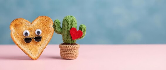 Delightful heart-shaped bread and cute cactus figurine kitchen table still life photography bright and cheerful environment close-up view food and emotion concept