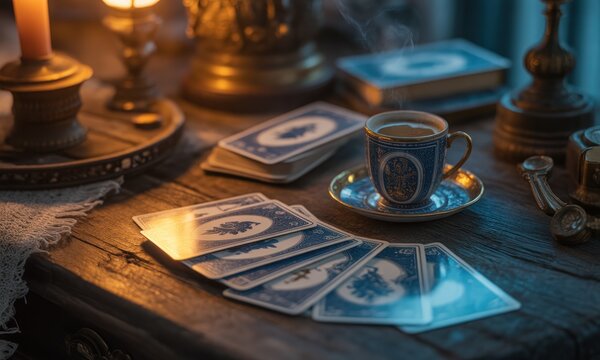Tarot cards, tea, and candles on a wooden table, in warm light