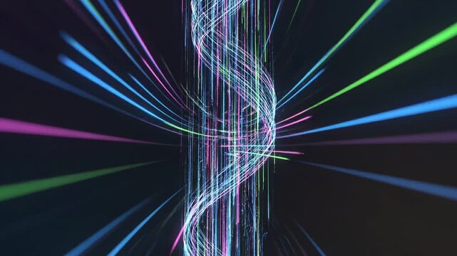 Abstract light streaks and a glowing digital helix symbolize rapid information flow and biotechnology for a website header or presentation.