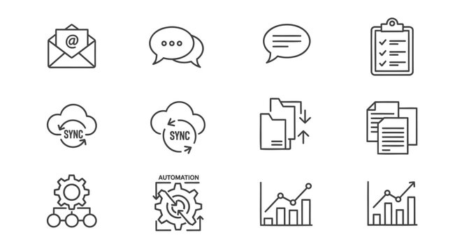 Business icons set including email chat document cloud sync file transfer automation and graph symbols