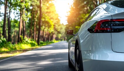 Naklejka premium White Electric Car Driving on a Scenic Road Through a Lush Forest with Bright Sunlight.
