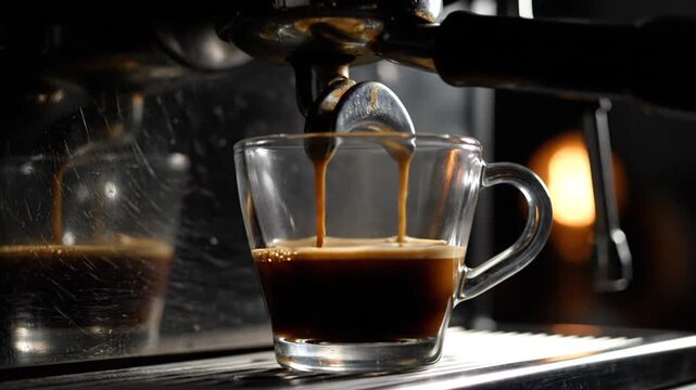 Pouring rich espresso into a glass cup during a coffee brewing moment.