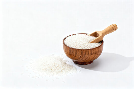 Bowl of White Rice with Wooden Scoop