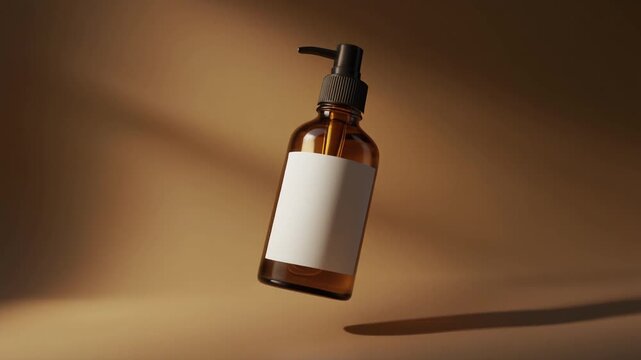 Amber glass pump dispenser bottle mockup floating in warm golden light Blank label cosmetic packaging display natural organic beauty product branding essential oil serum container