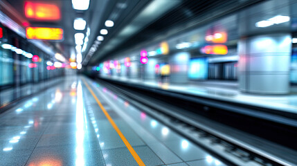 Naklejka premium Blurred motion of a modern subway platform with vibrant lights