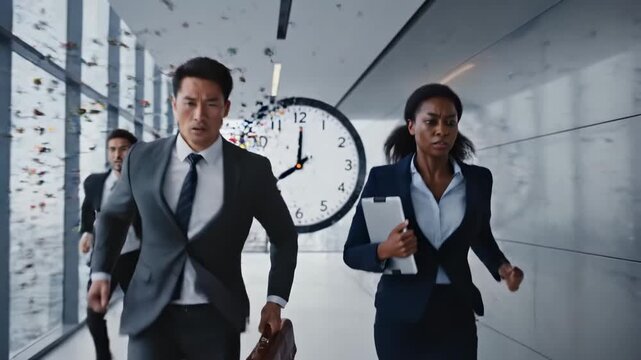 Two business professionals rush through a chaotic office. Colorful fragments and a prominent clock symbolize overwhelming time pressure, urgent deadlines, and intense corporate stress. Cinematic mood.