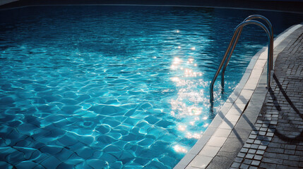 Obraz premium Modern swimming pool with sparkling blue water and metal ladder