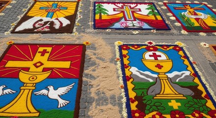 Obraz premium Vibrant Mexican Semana Santa Sawdust Alfombra Carpets Depicting Religious Scenes on Pavement. AI generated.