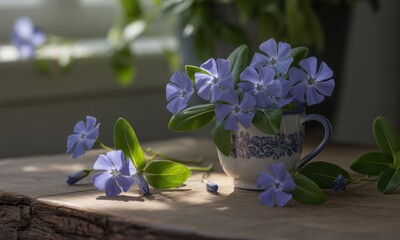 Delicate blue flowers bloom from a small patterned cup on a wooden surface