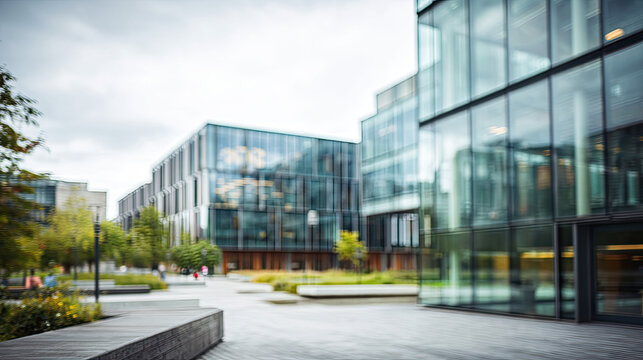 Modern university campus with glass architecture and trees