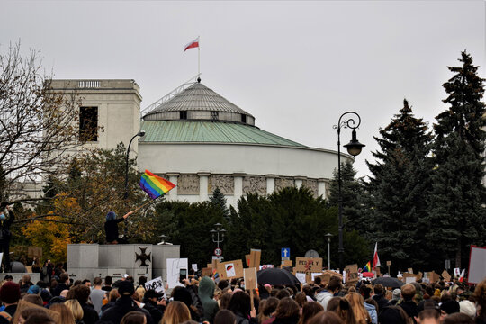 Protest with Rainbow Flag in Front of Polish Parliament Building in Warsaw
