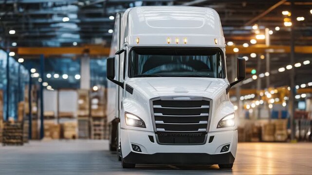395Front-facing truck under warehouse skylights at dusk, subtle reflections on cab surface, warm orange light contrasting with cool shadows, spacious industrial environment highlighti