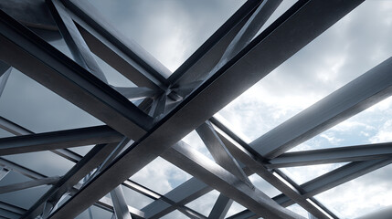 Naklejka premium Intersecting steel beams forming abstract geometric framework against cloudy sky