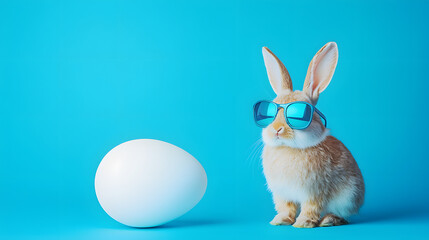 Obraz premium A rabbit in sunglasses next to a white Easter egg against a clean blue studio background, a minimalist holiday composition with copyspace