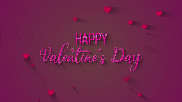 Elegant Happy Valentine's Day greeting featuring pink 3D typography, script lettering, and scattered hearts on a deep purple background with soft shadows, perfect for romantic holiday designs.