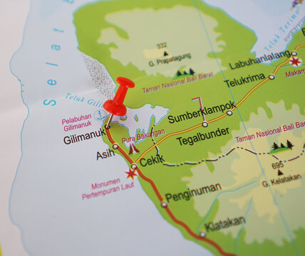 View of Gilimanuk Harbor, the ferry port that connects Bali Island with Java Island via the Bali Strait, marked with a red pin