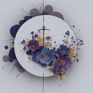 Justice in Bloom: The scales of justice, adorned with elegant floral details, sit gracefully within a circle, symbolizing fairness, law, and balance.