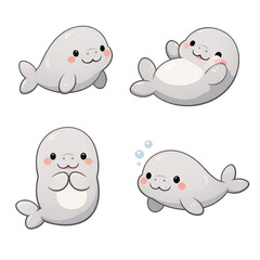 Naklejka premium Cute cartoon dugong gentle marine animal adorable character kawaii style playful sea mammal Set