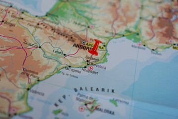 Obraz premium map of south americaMap view of Barcelona, ​​Spain, Europe on a geographic map marked with red pins 