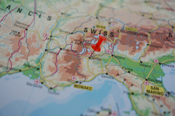 Naklejka premium view of Torino, Italy on a geographical map of Europe, marked with red pushpin