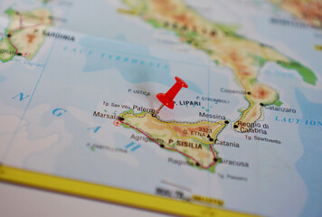 Naklejka premium View map of Palermo, Capital of Sicily, Italy, Europe on a geographical map marked with a red pin