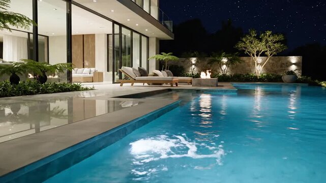 Luxury modern house outdoor swimming pool and lounge area illuminated at night with fire pit and starry sky, perfect for real estate and lifestyle projects