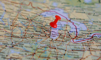 view of Milwaukee, Wisconsin, United States on a geographic map marked with a red pin